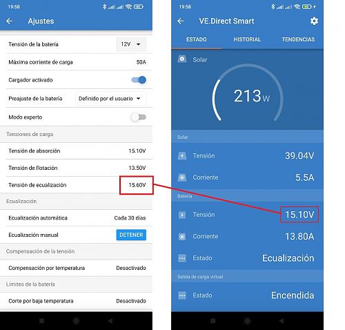 Porque no llega el mppt victron a la tension de ecualizacion si asi lo configuro? no se.-llllllll.jpg